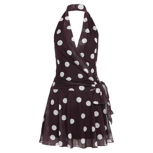Retro Polka Dot Deep V Plunge neck Mesh Camisole Dress Vacation Lace